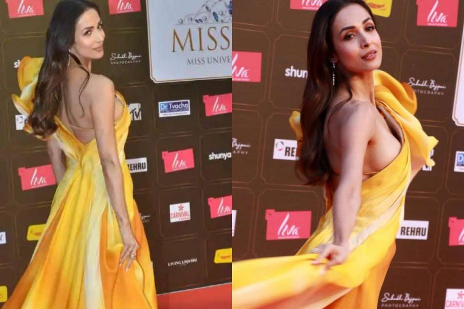 Malaika Arora had an oops moment when posing in a yellow one-shoulder gown