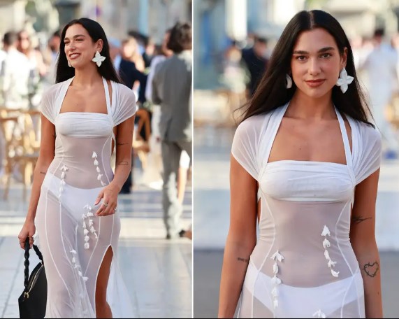 Dua Lipa wore a sheer white thigh-high slit dress to a wedding in France