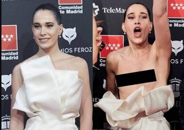 Spanish actress Celia Freijeiro's strapless dress falls down as she celebrates her win in an Award show
