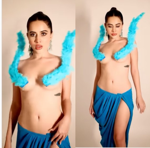 Urfi Javed goes topless covering her modesty with just a blue feather wing