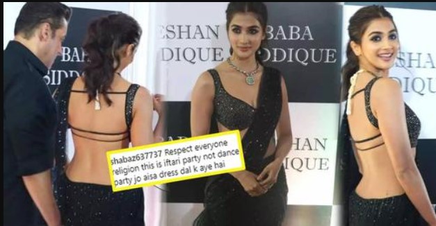 Pooja Hegde gets brutally trolled for wearing a black saree with a deep-neck 'backless' blouse at Baba Siddique’s Iftaar party