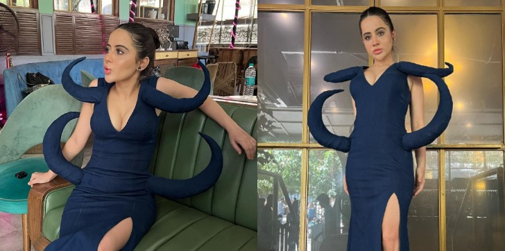 Urfi Javed flaunts her look in a navy blue gown having four horns