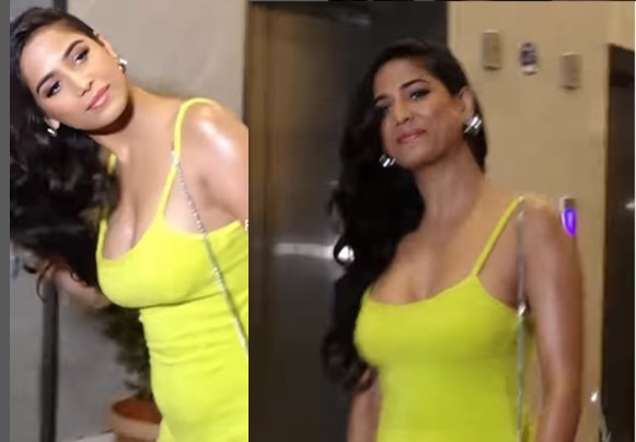 Poonam Pandey sizzles in a yellow dress with a plunging neckline