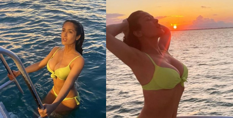 Salma Hayek stuns in a yellow bikini as she takes a dip in the Ocean