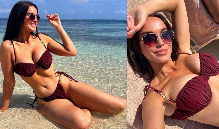 Vicky Pattison sizzles in a burgundy bikini as she soaks up the sun on the Jamaican holiday with her fiancé Ercan Ramadan
