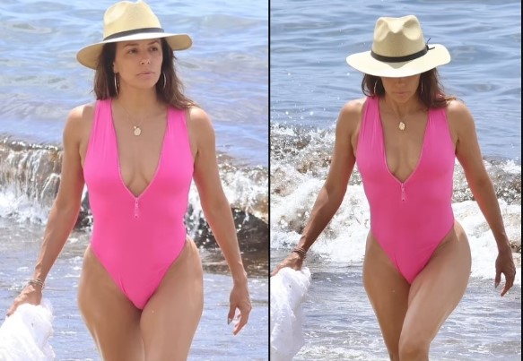American actress Eva Longoria looks amazing in a pink bikini with her family on the beach in Marbella