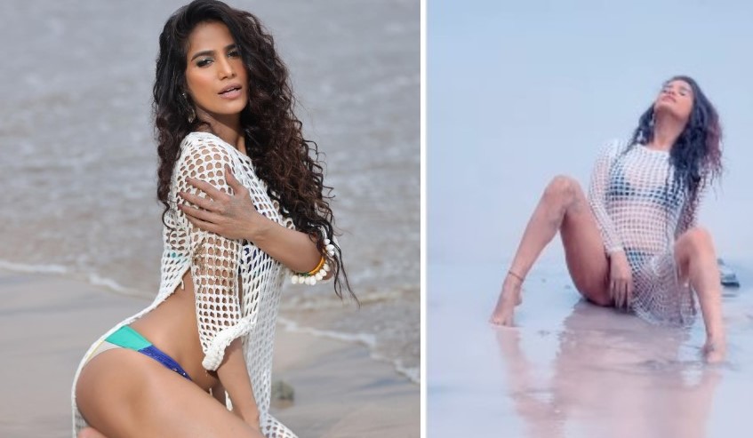 Poonam Pandey raises the temperature as she drops a BTS video posing at a beach in a bikini and netted top