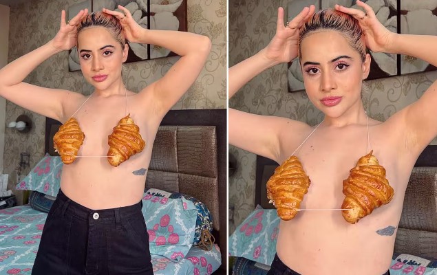 Urfi Javed opts for a topless look once more, using croissants to conceal her upper body.
